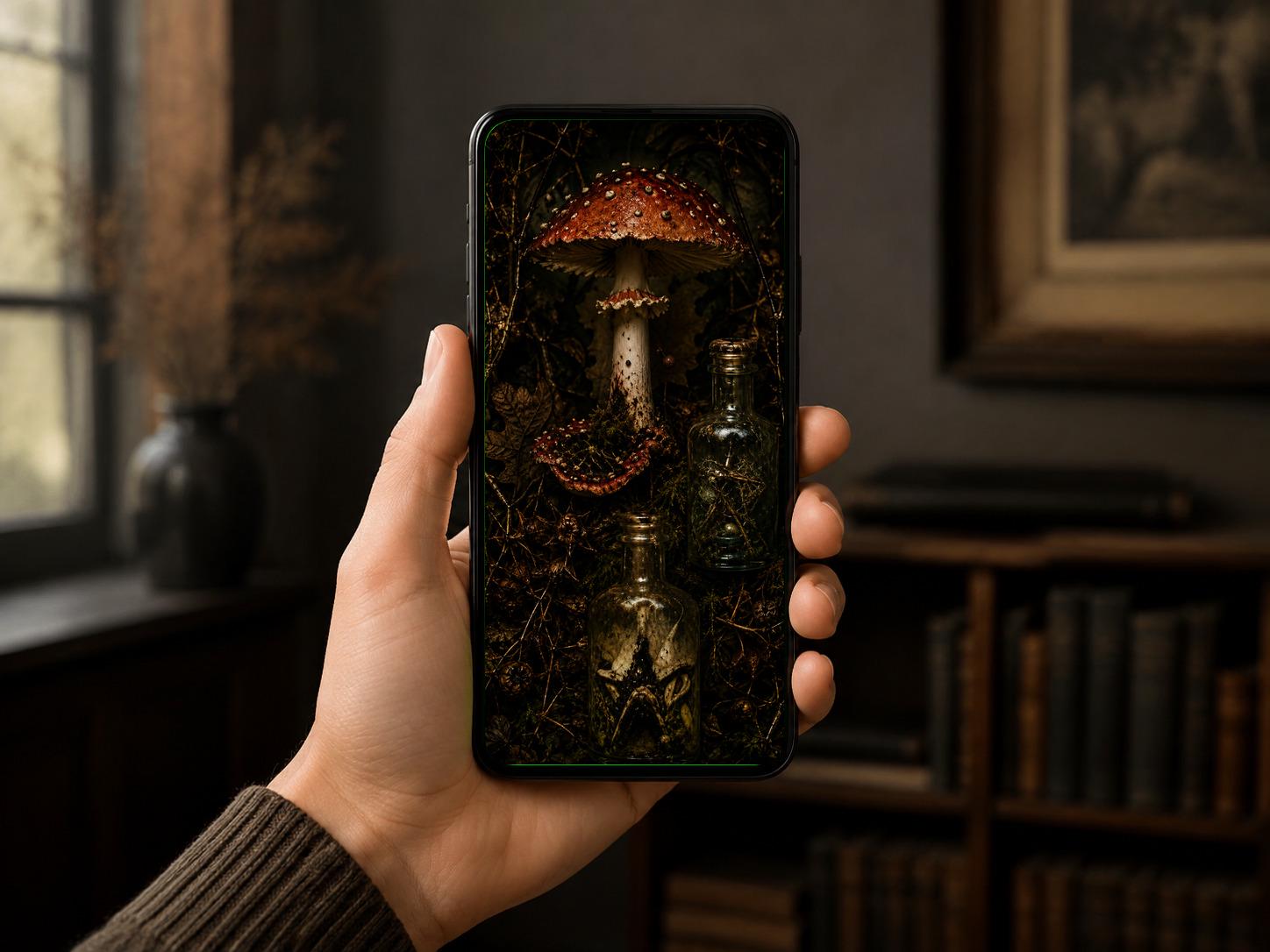 Dark Goblincore Skull Mushroom Lock Screen | Moody Forest Phone Wallpaper (Digital Download)