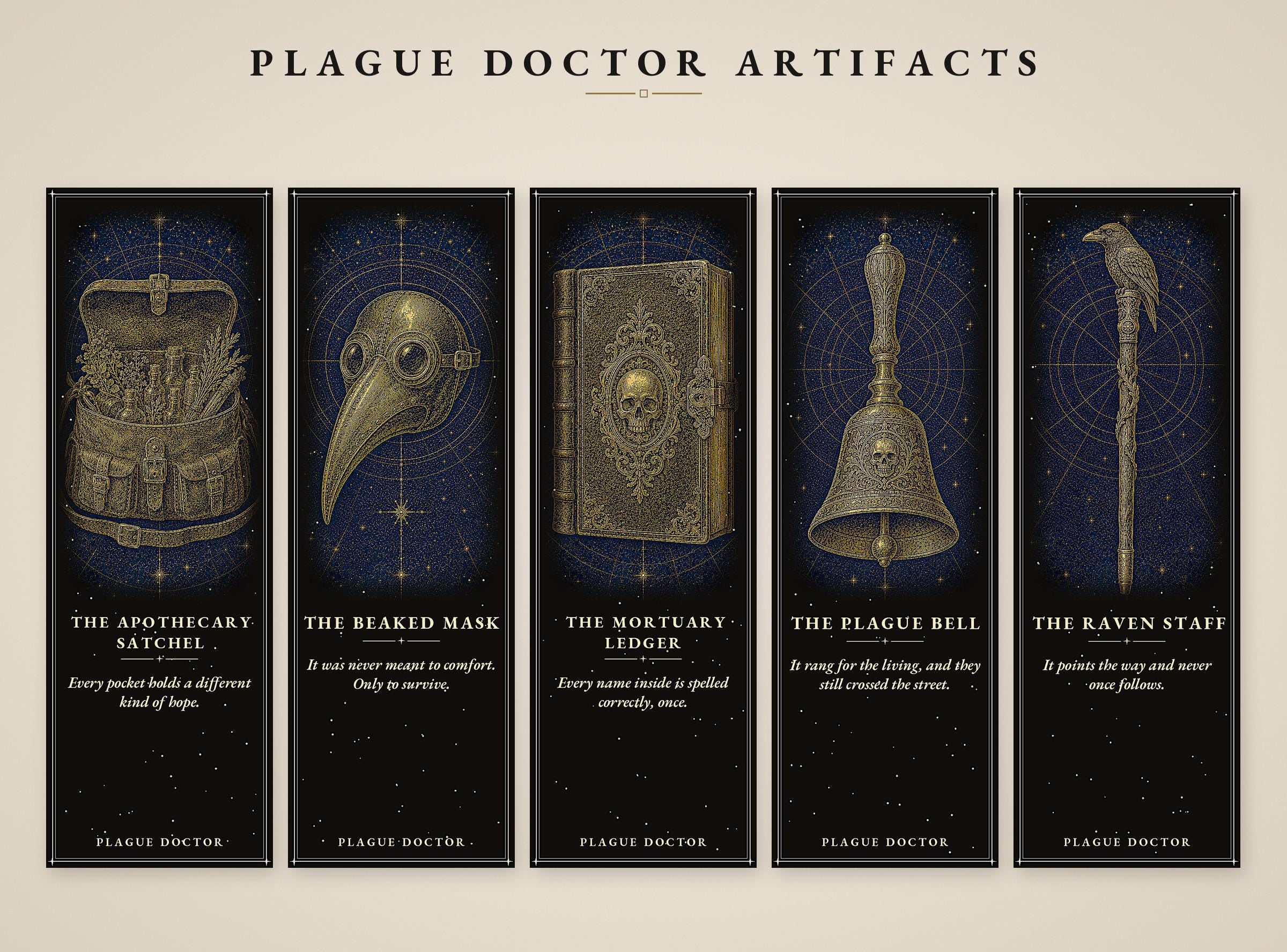Plague Doctor Artifacts Printable Bookmarks | Dark Academia Gothic | Beaked Mask Design | Occult Stationery | Digital Download