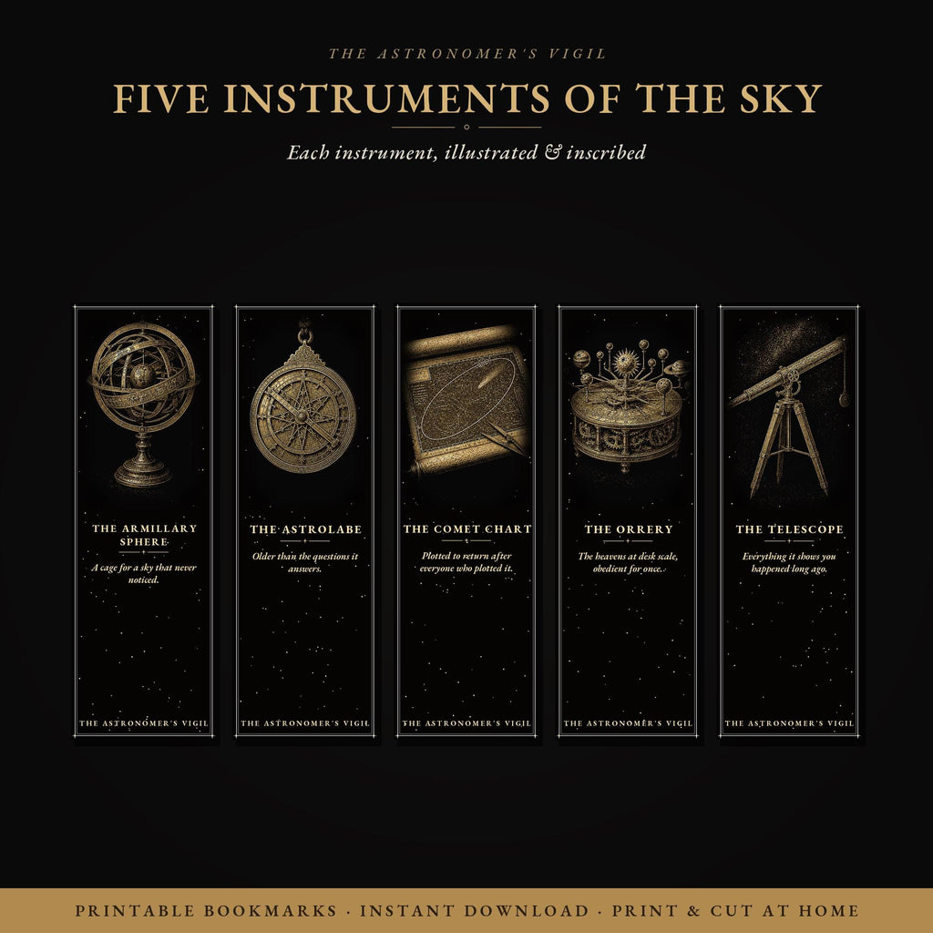The Astronomer's Vigil Printable Bookmarks | Dark Academia Celestial Art | Gold On Black | Literary Gift | Digital Download