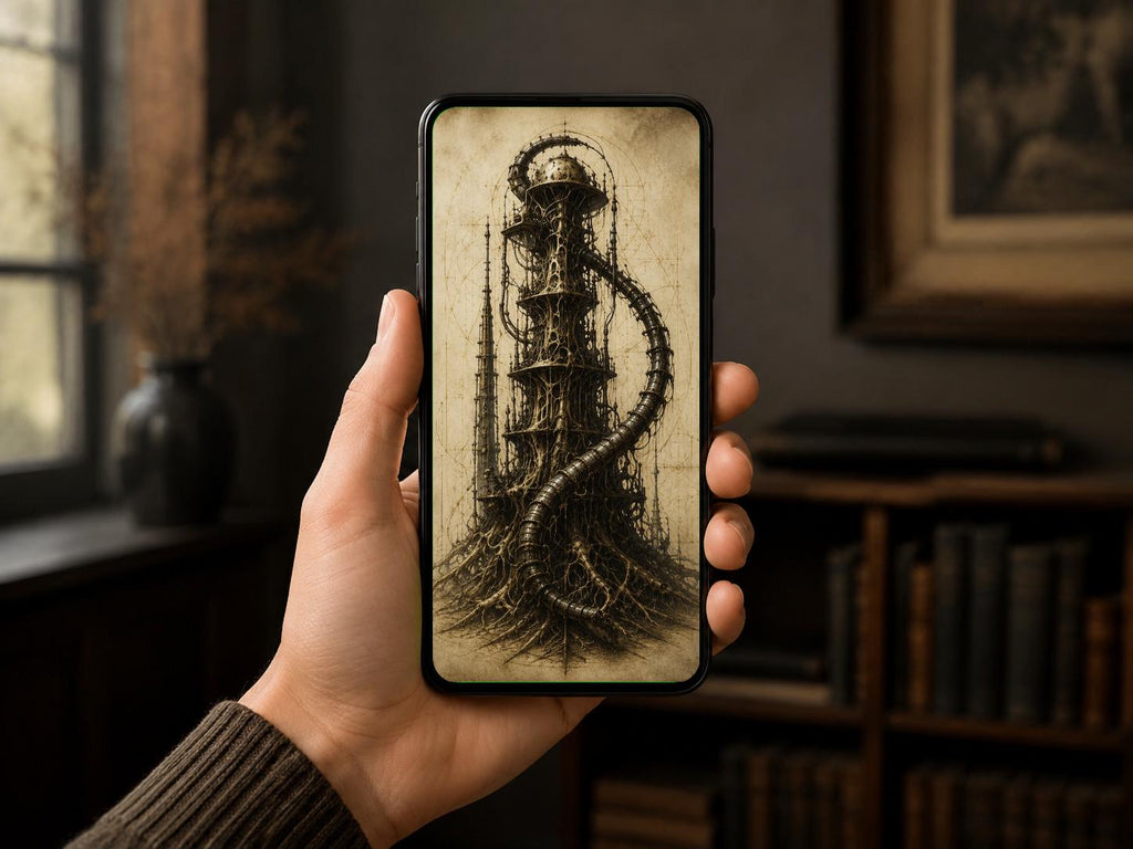 Spiral Tower, Biomechanical Phone Wallpaper | Dark Academia Lock Screen | Surreal Anatomy Digital Download | Gothic Sci-Fi Art