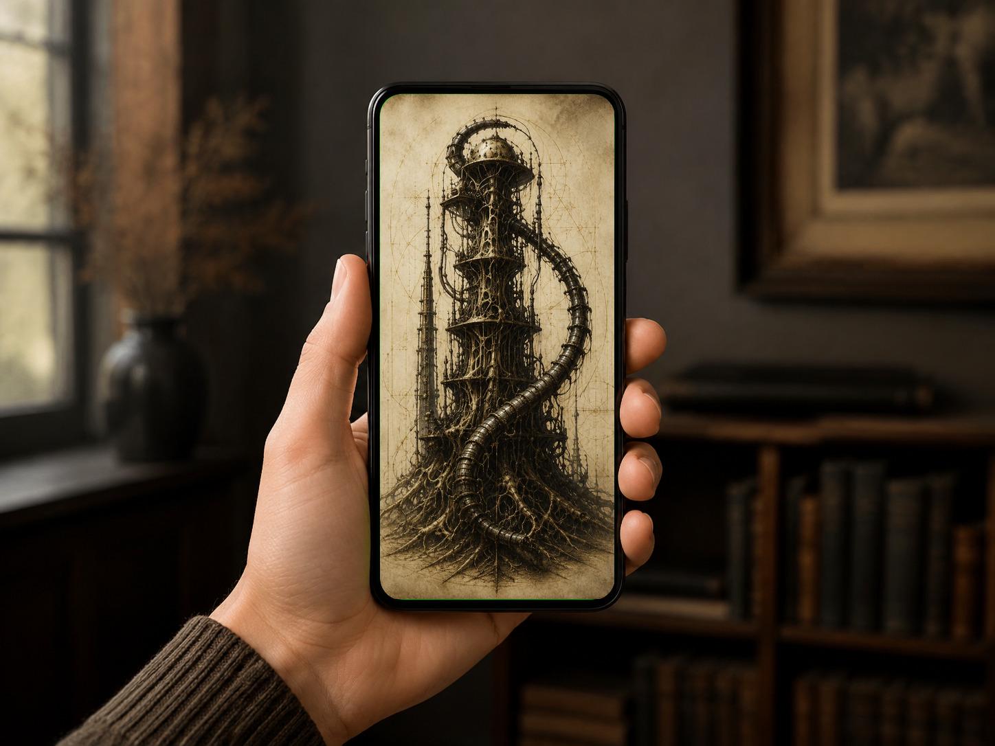 Spiral Tower, Biomechanical Phone Wallpaper | Dark Academia Lock Screen | Surreal Anatomy Digital Download | Gothic Sci-Fi Art