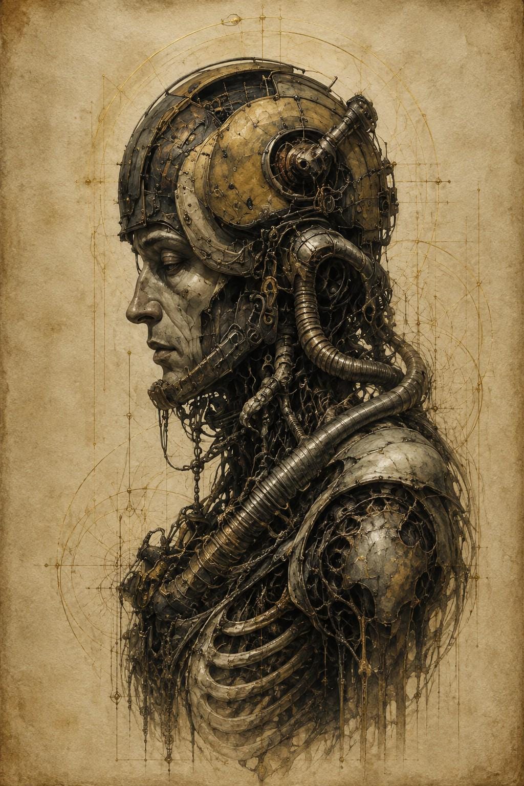 Cyborg Man, Biomechanical Phone Wallpaper | Dark Surreal Aesthetic | Lock Screen Download | Brass Bone Anatomy Art