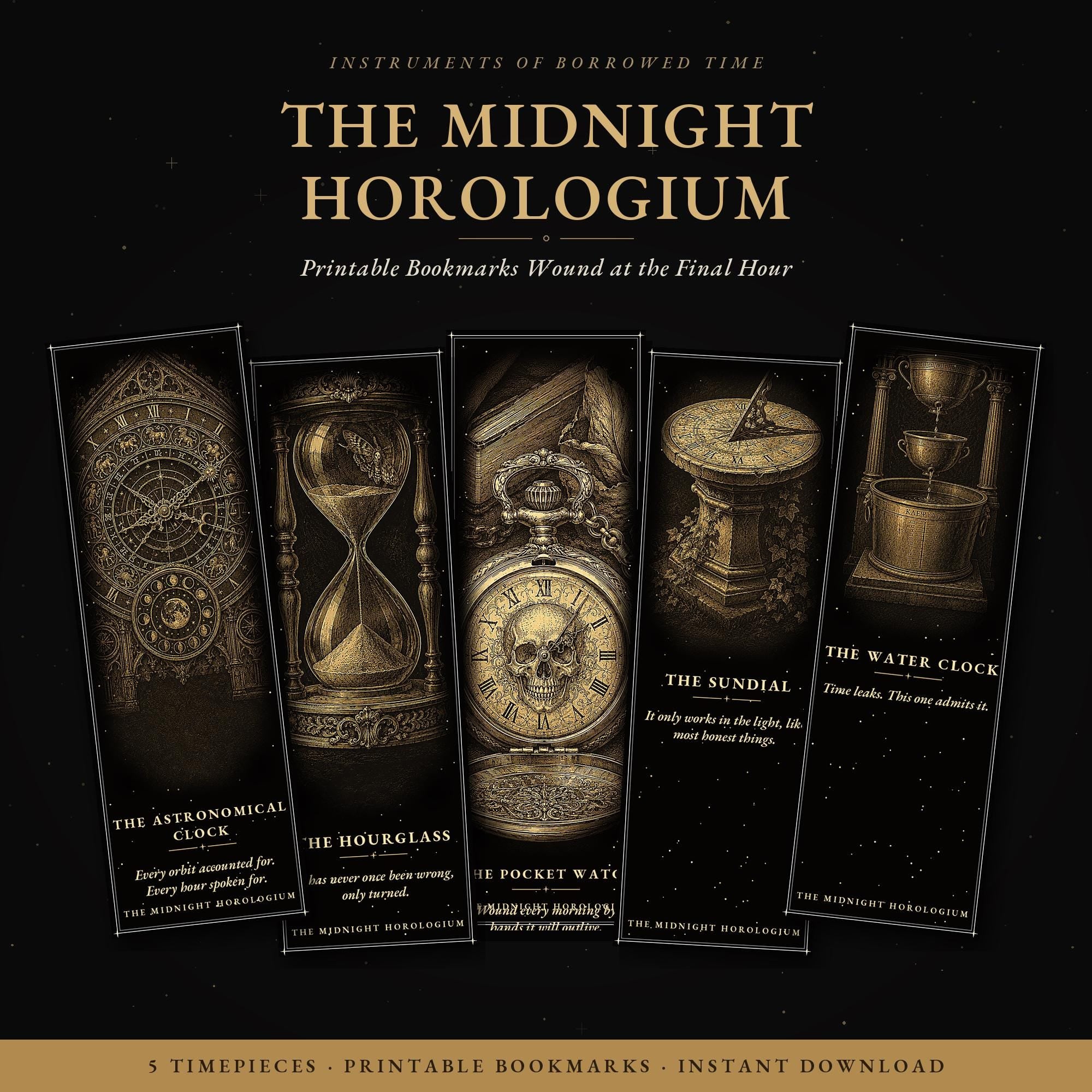 The Midnight Horologium Bookmark | Dark Academia Memento Mori Bookmark | Standard or Magnetic Page Marker