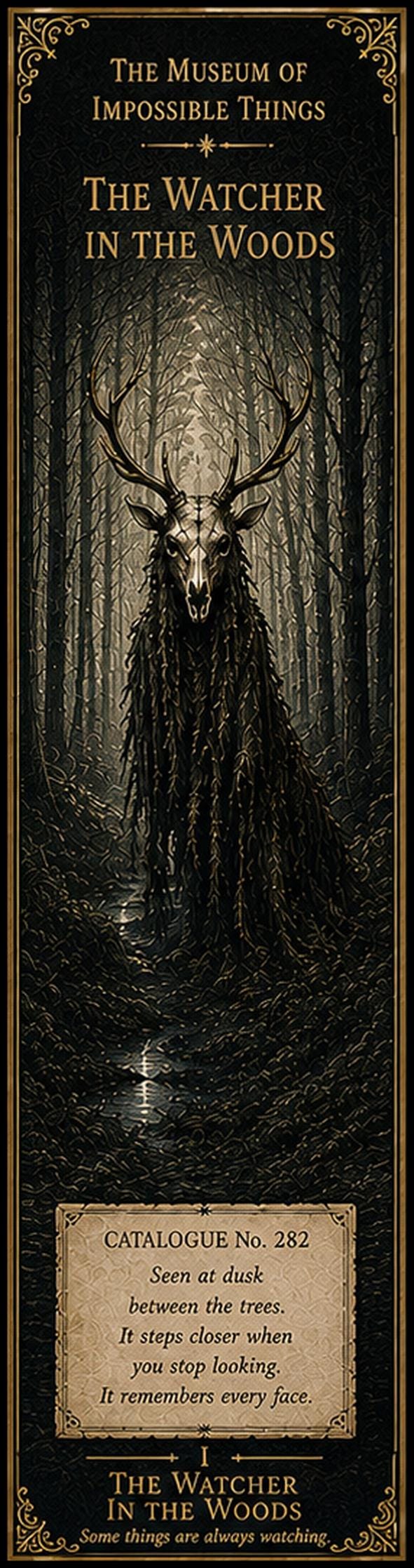The Watcher in the Woods Printable Bookmarks | Dark Academia Gothic Aesthetic | Antique Gold Black | Mysterious Creatures | Book Lover Gifts