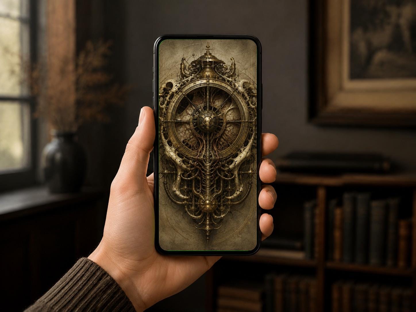 Clock Mechanism: Biomechanical Dark Academia | Surreal Brass Anatomy | Gothic Lock Screen Wallpaper