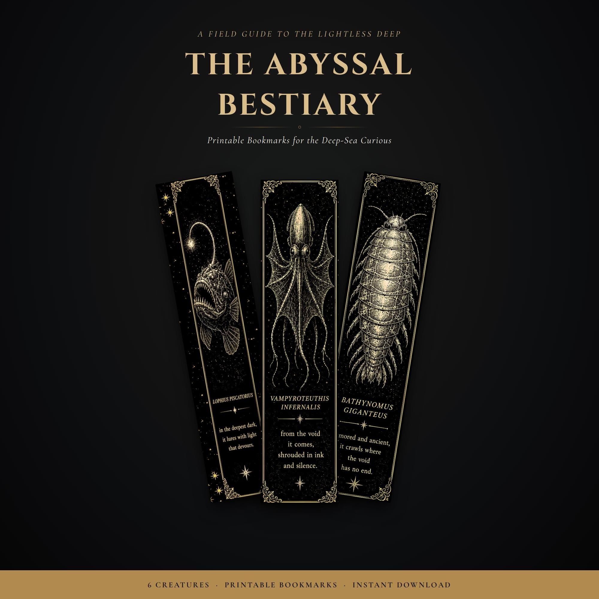 Abyssal Bestiary Bookmarks, Deep Sea Creatures | Gothic Printable Page Markers | Instant Digital Download | Ocean Aesthetic