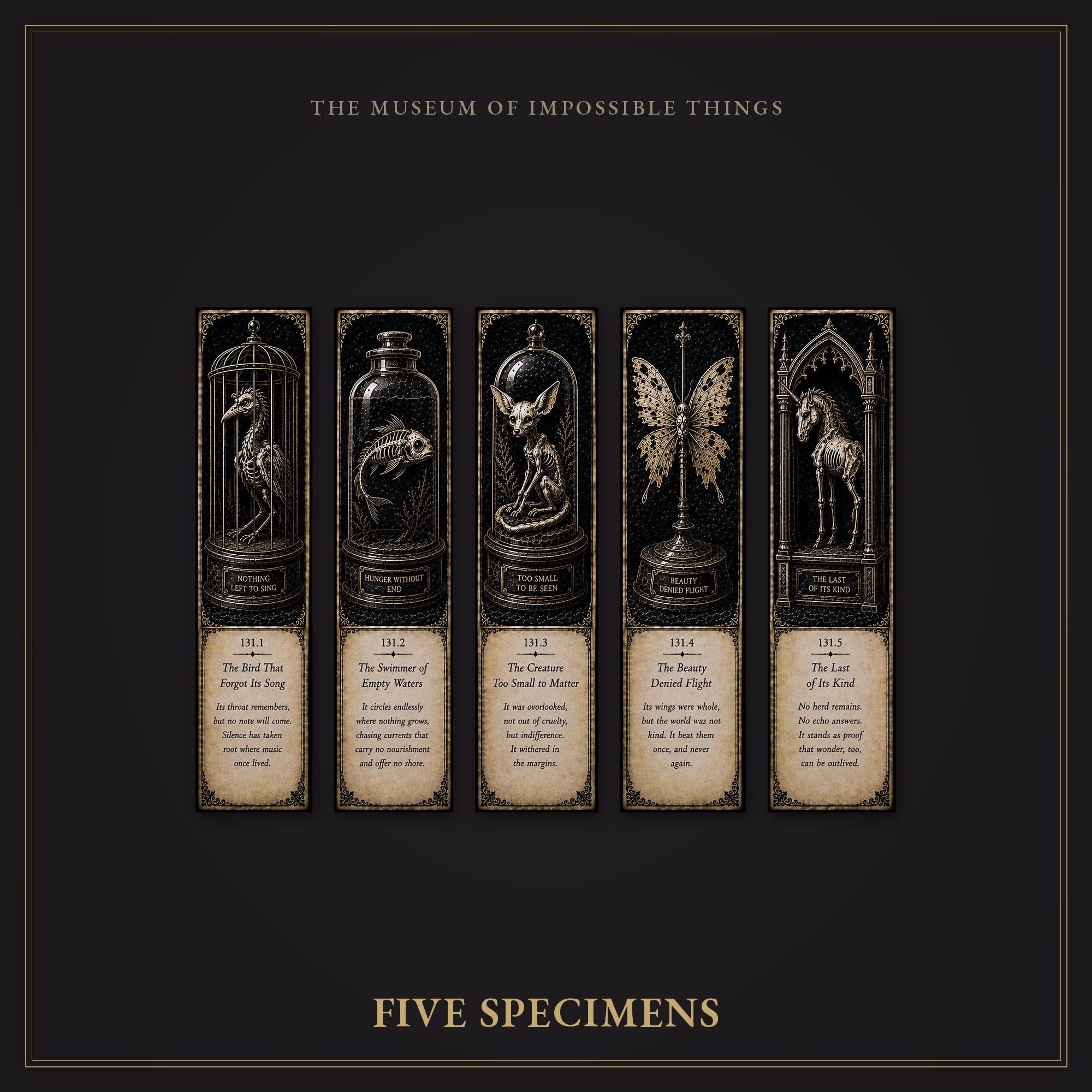 The Starved Menagerie Bookmark | Dark Academia Set of 5 | Standard or Magnetic | Gothic Cabinet of Curiosities