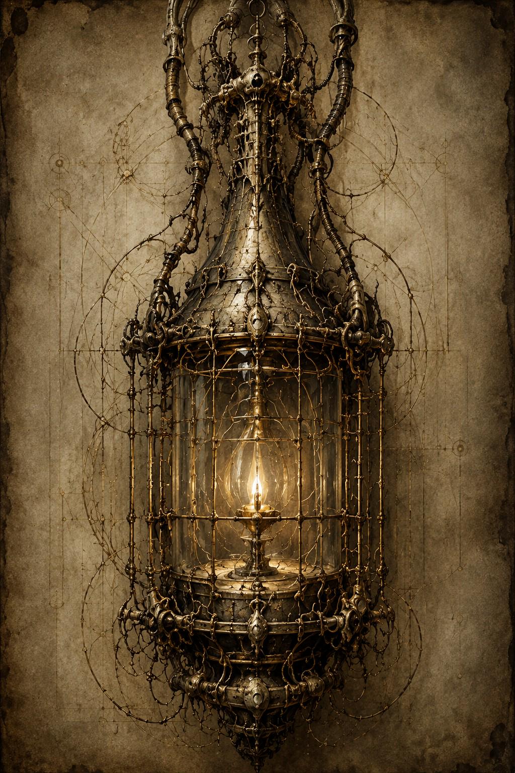 Lantern Biomechanical Phone Wallpaper | Dark Academia Lock Screen | Brass Anatomy Digital Art | Surreal Gothic Download
