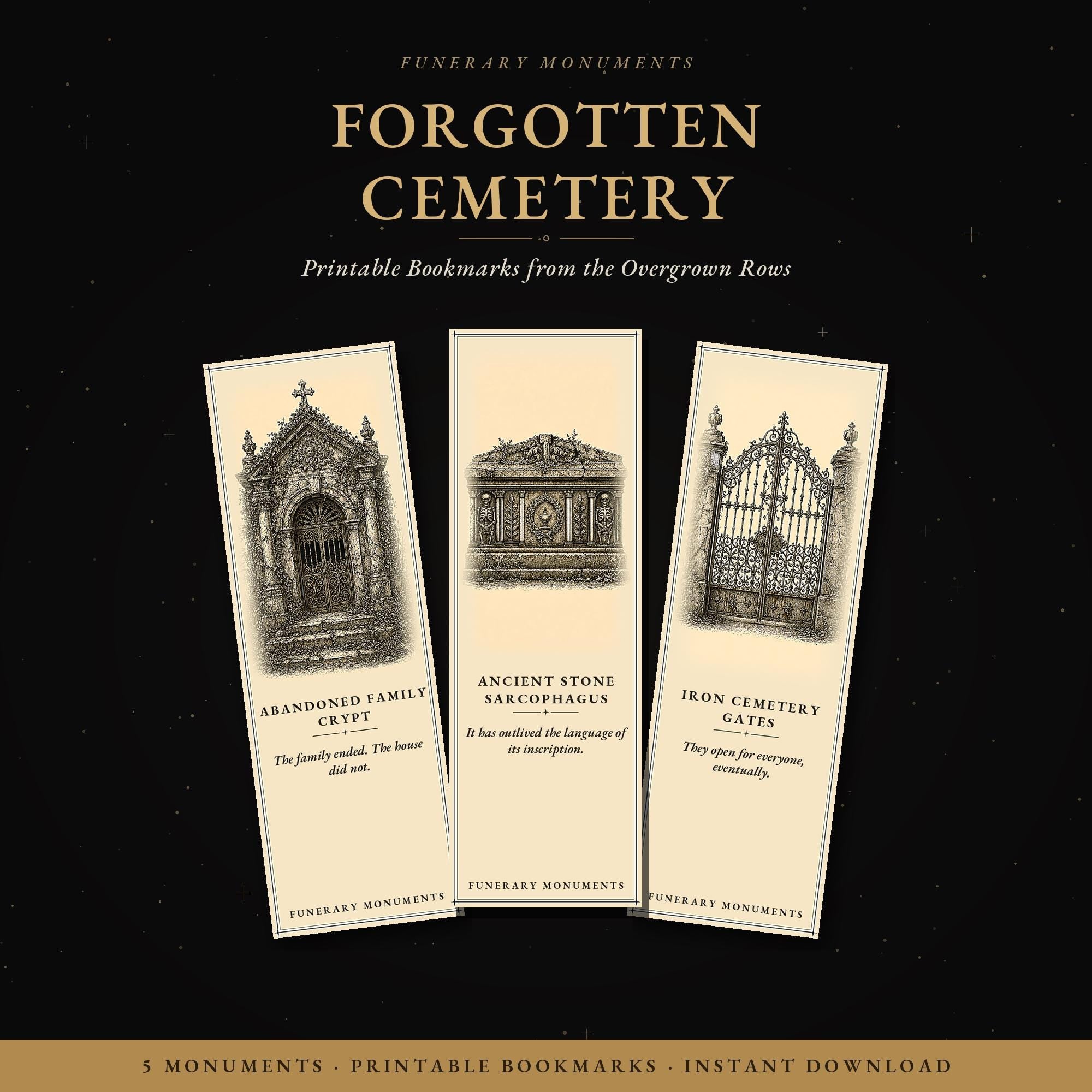 Funerary Monuments Forgotten Cemetery Printable Bookmarks | Dark Academia Gothic Bookmark Set | Digital Download Print & Cut