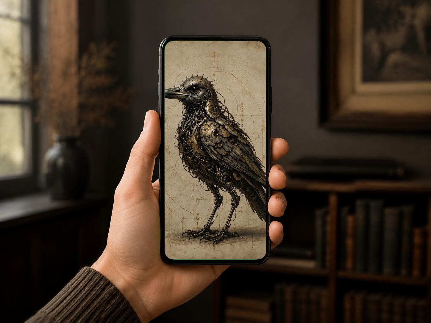 Raven III Biomechanical Phone Wallpaper | Dark Academia Lock Screen | Brass Bone Machinery | Gothic Surreal Digital Download