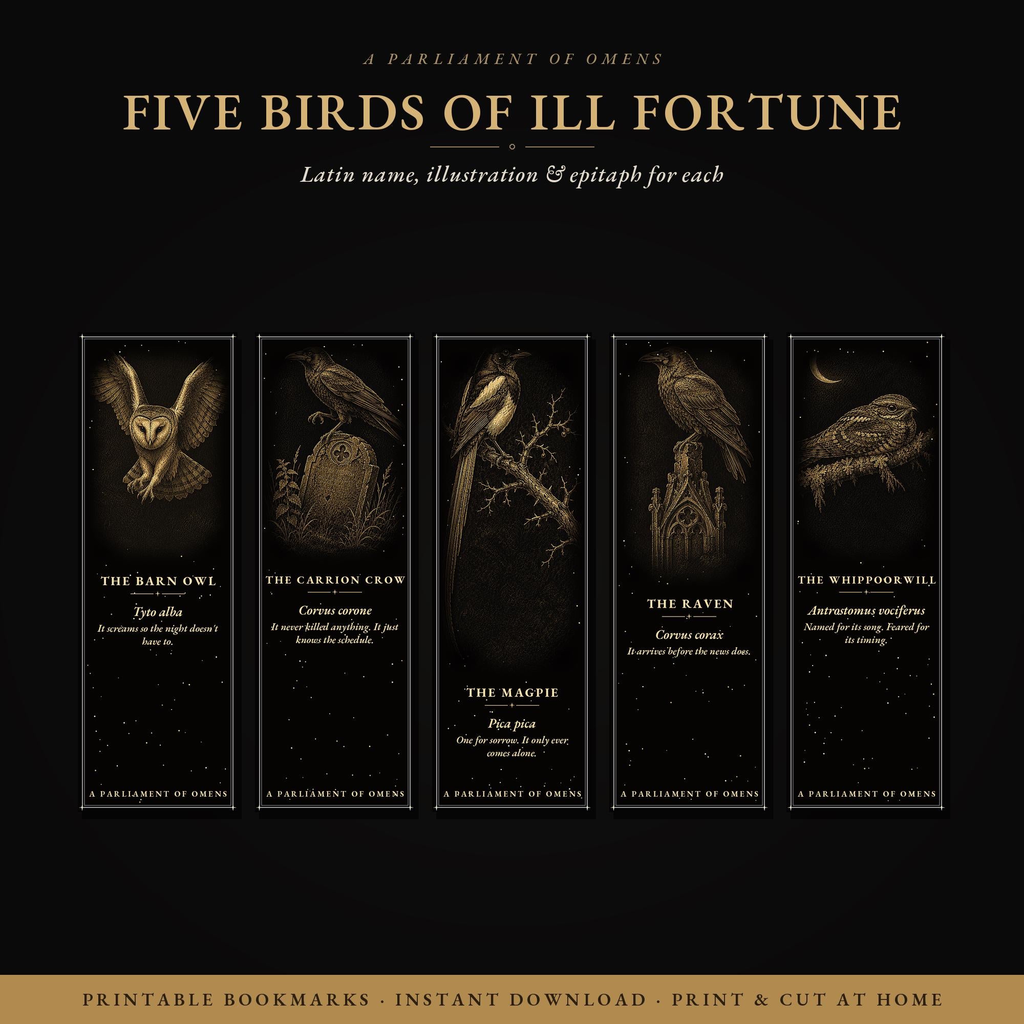 Printable Bookmarks | Gothic Raven, Crow, Owl Designs (Digital Download)