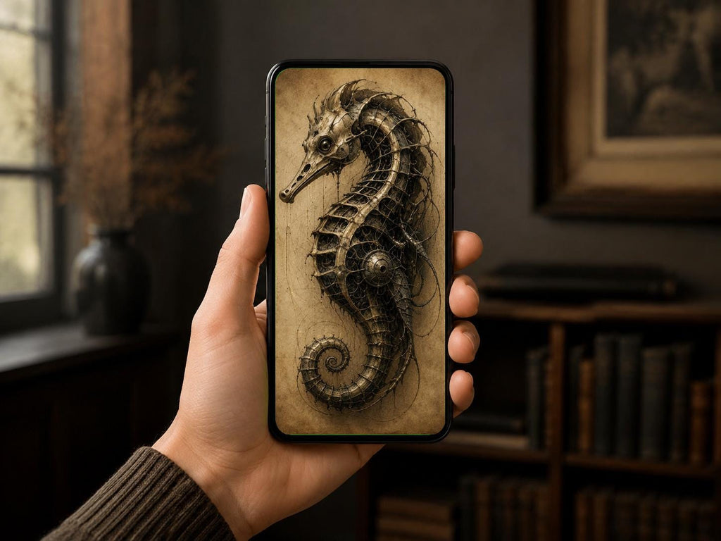 Seahorse, Biomechanical Specimen | Dark Academia Surreal | Lock Screen Wallpaper | Steampunk Anatomy | Instant Digital Download