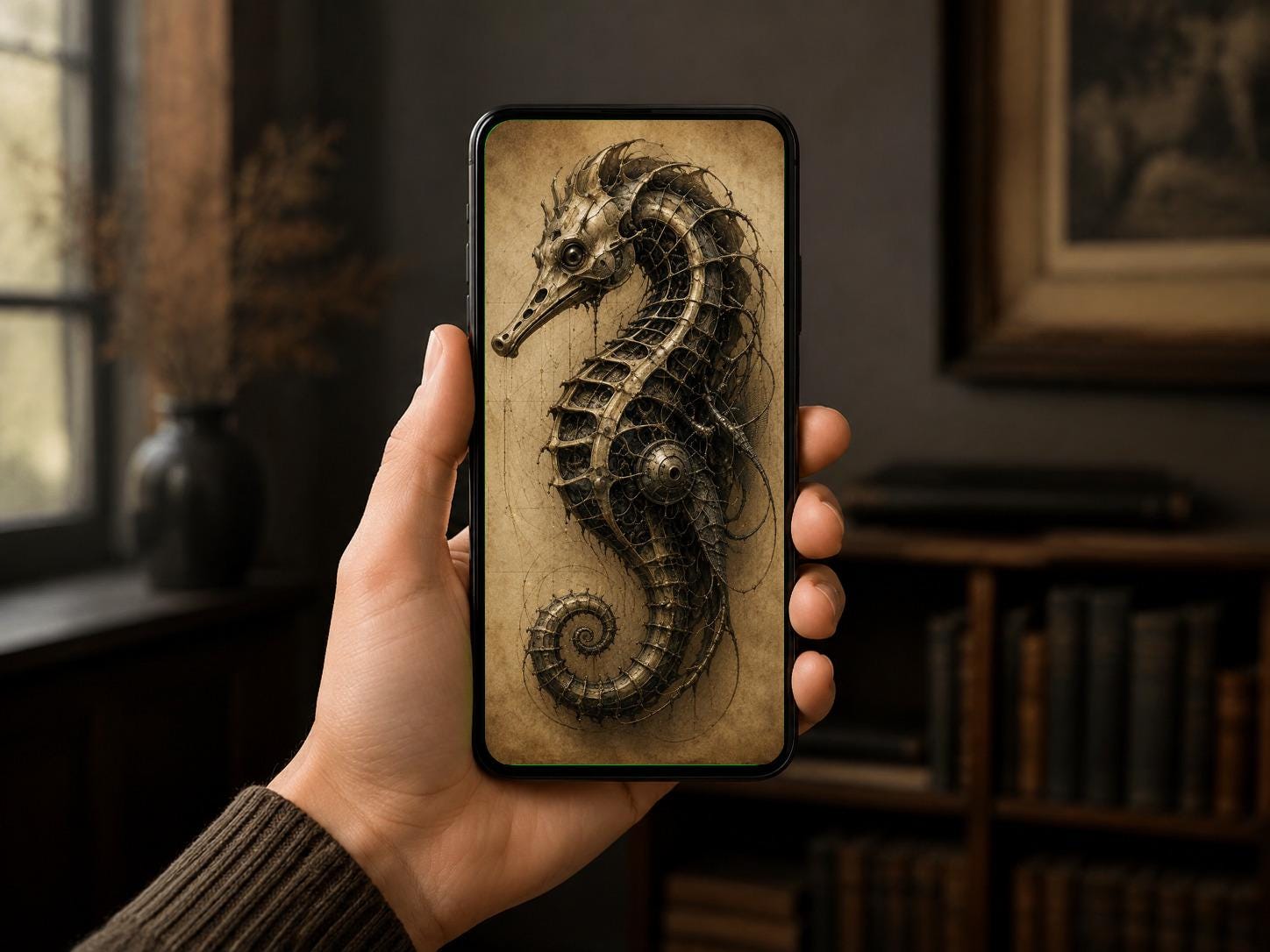 Seahorse, Biomechanical Specimen | Dark Academia Surreal | Lock Screen Wallpaper | Steampunk Anatomy | Instant Digital Download
