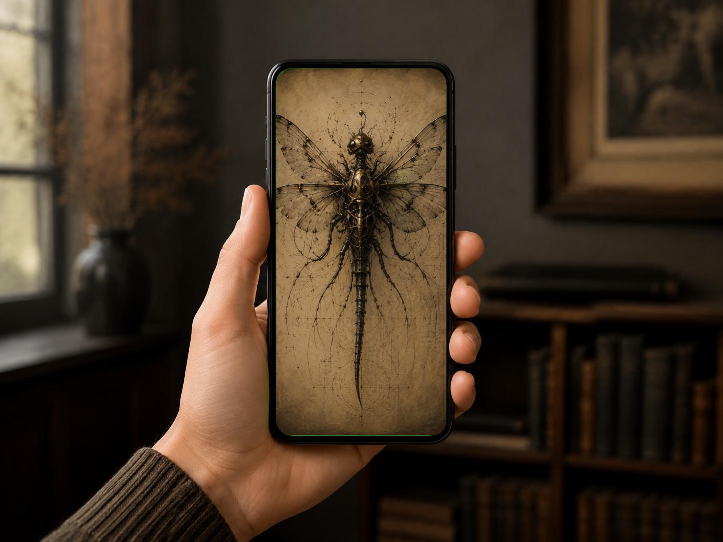 Dragonfly II, Biomechanical Phone Wallpaper | Dark Academia Lock Screen | Living Anatomy Art | Warm Gold Surreal Digital Download