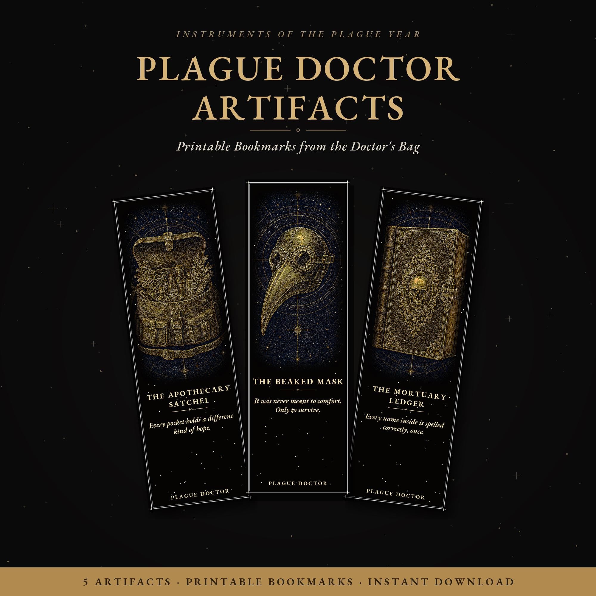 Plague Doctor Artifacts Printable Bookmarks | Dark Academia Gothic Bookmark Set | Digital Download Print & Cut
