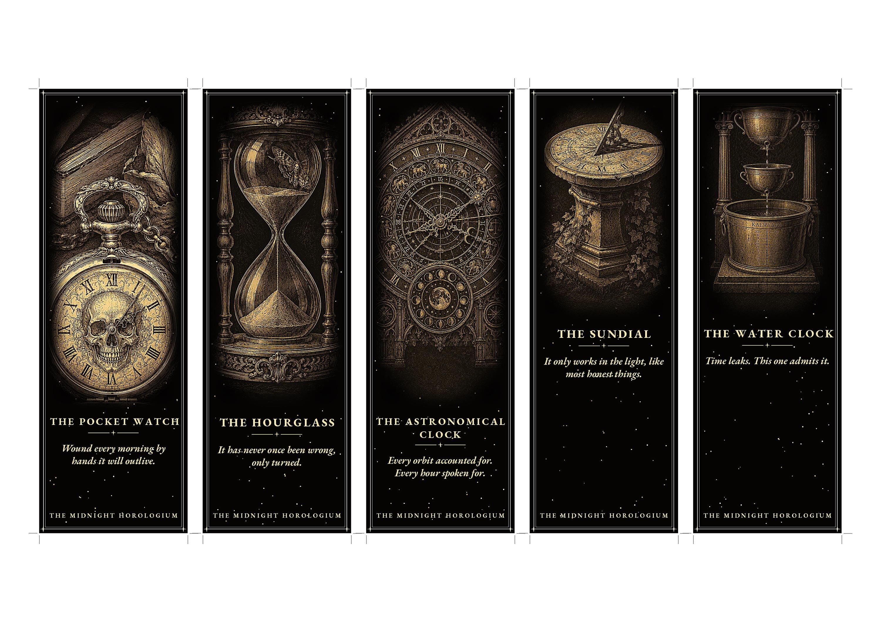 The Midnight Horologium Printable Bookmarks | Dark Academia Gothic Bookmark Set | Memento Mori Digital Download