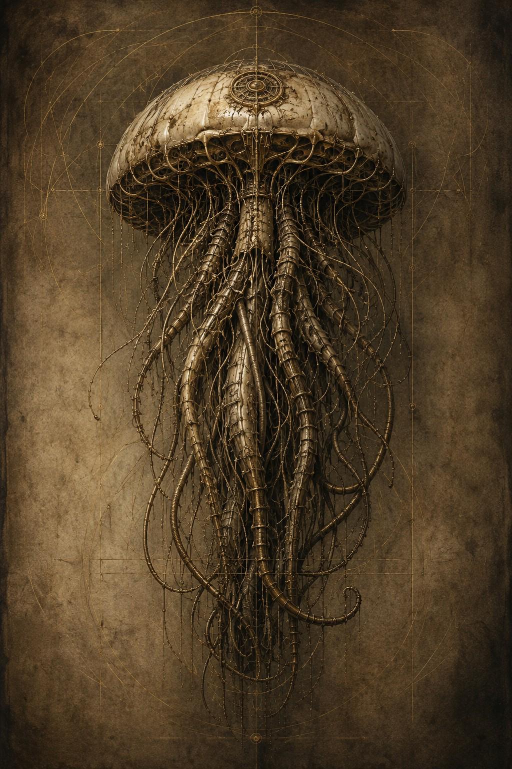 Jellyfish Biomechanical Phone Wallpaper | Dark Academia Lock Screen | Steampunk Specimen Collection | Gothic Sci-Fi Digital Download
