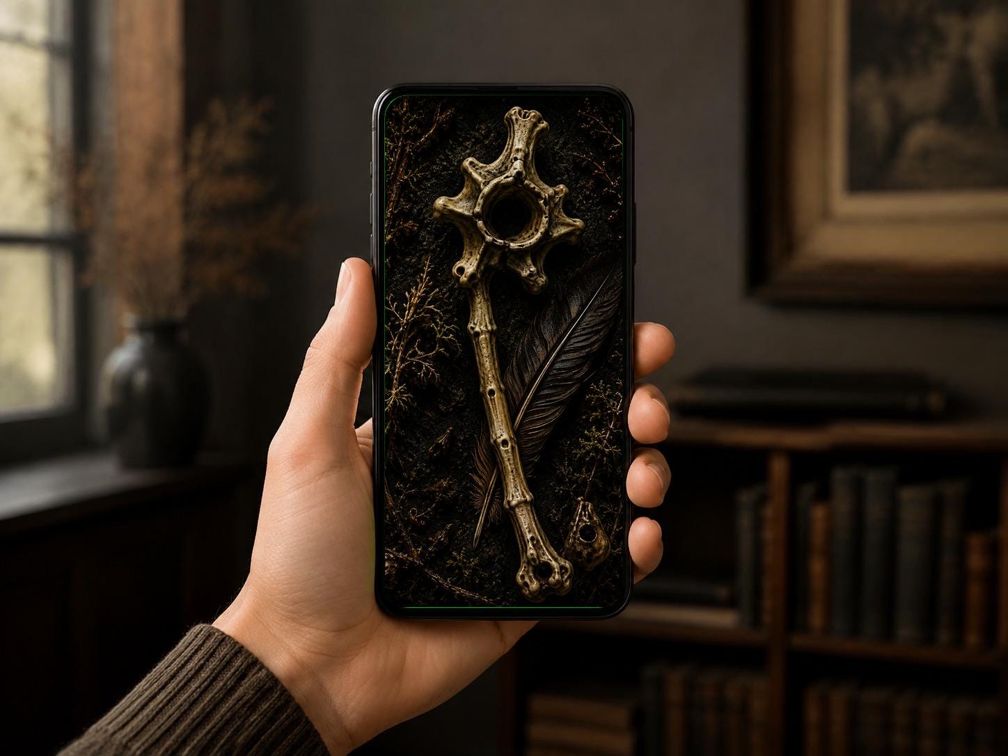 The Bone Garden Phone Wallpaper, Dark Goblincore Lock Screen | Moss And Bones Digital Art | iPhone And Android Set
