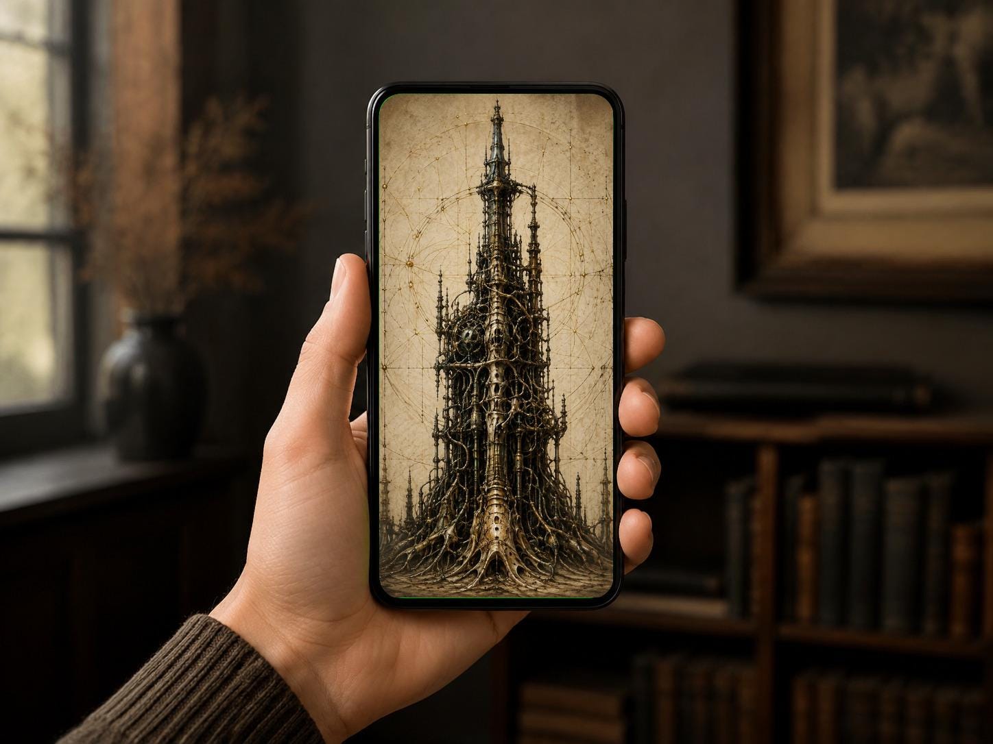 Tower II | Biomechanical Lock Screen, Dark Academia Surreal Anatomy | Gothic Sci-Fi Wallpaper | Brass Machinery Art Download