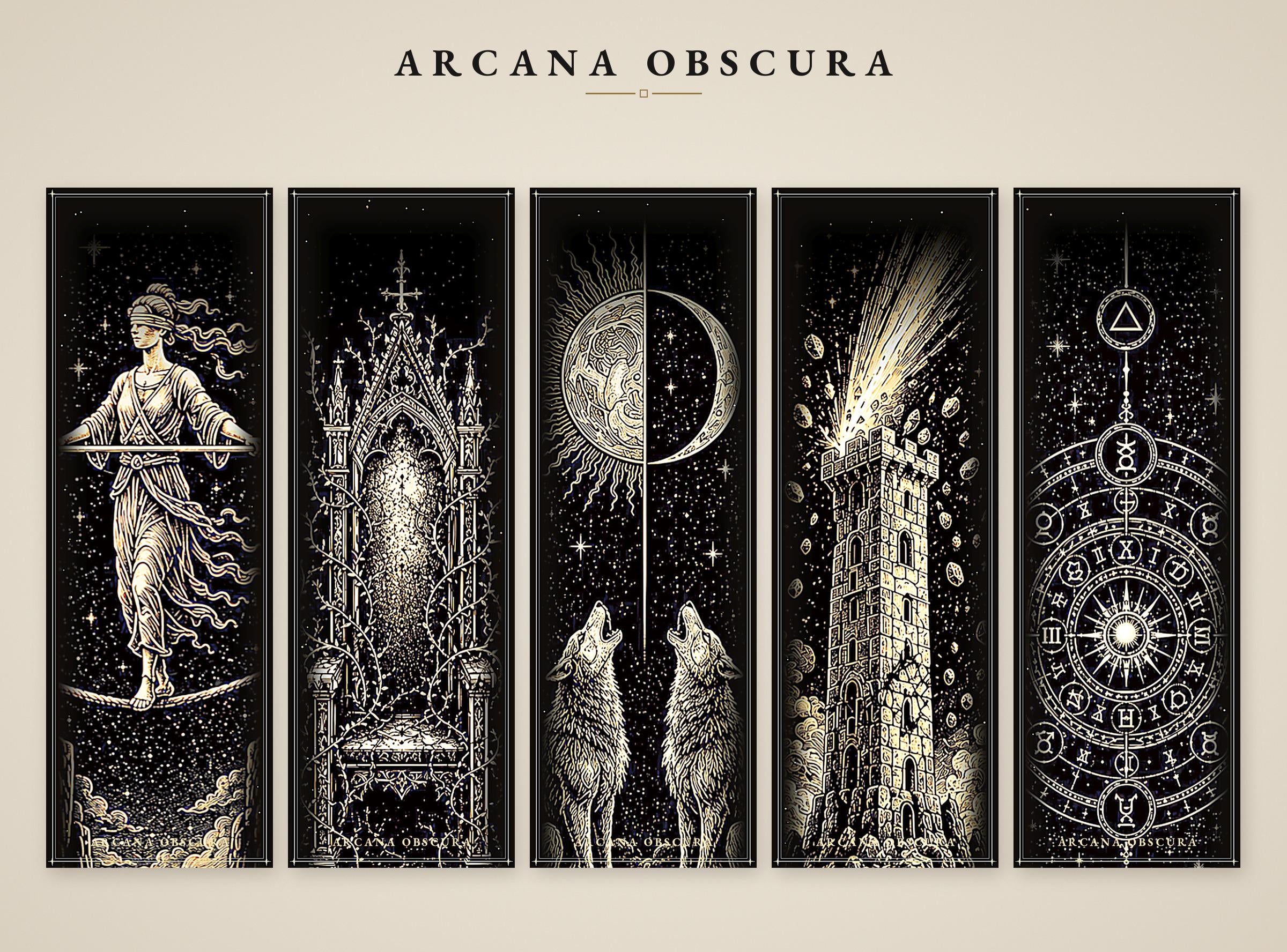 Arcana Obscura Tarot Bookmarks | Dark Academia Printable | Gold & Black Occult | Digital Download | Witchy Page Markers