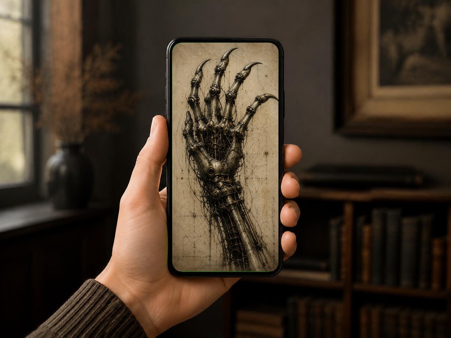 Skeletal Hand I, Biomechanical Lock Screen | Dark Academia Wallpaper | Brass Bone Machinery | Modern Phone Screens