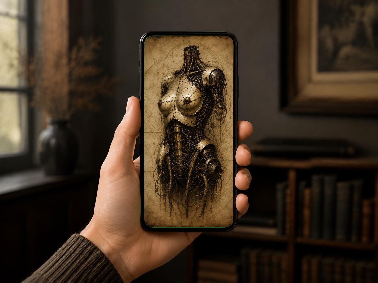 Cyborg Bust, Biomechanical Surreal | Dark Academia Lock Screen | Gothic Sci-Fi Wallpaper | Brass Machinery Digital Art