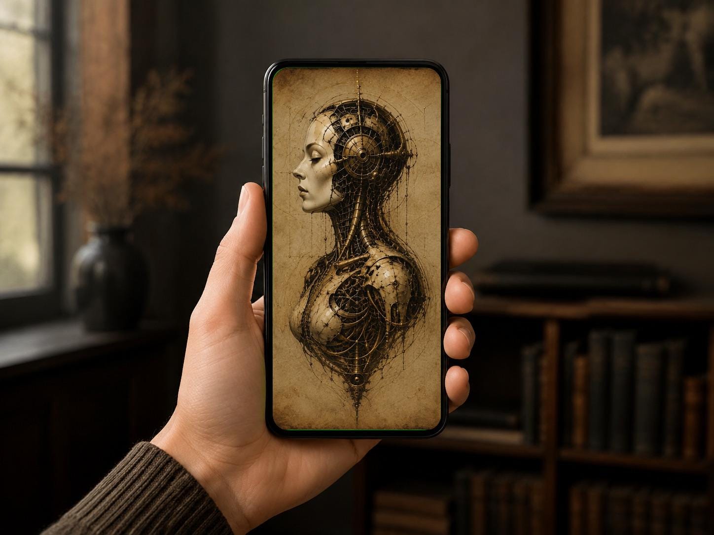 Cyborg Woman Profile VI, Biomechanical Surreal Phone Wallpaper | Brass Bone Machinery | iPhone Lock Screen, Digital Download