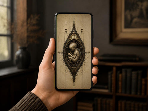 Baby in Utero II, Biomechanical Specimen | Dark Academia Lock Screen | Brass Bone Machinery | Surreal Phone Wallpaper Download