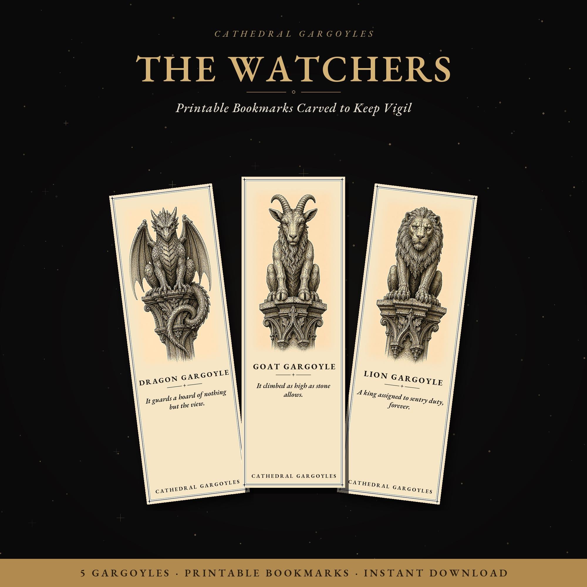 Cathedral Gargoyles The Watchers Printable Bookmarks | Dark Academia Gothic Bookmark Set | Digital Download Print & Cut