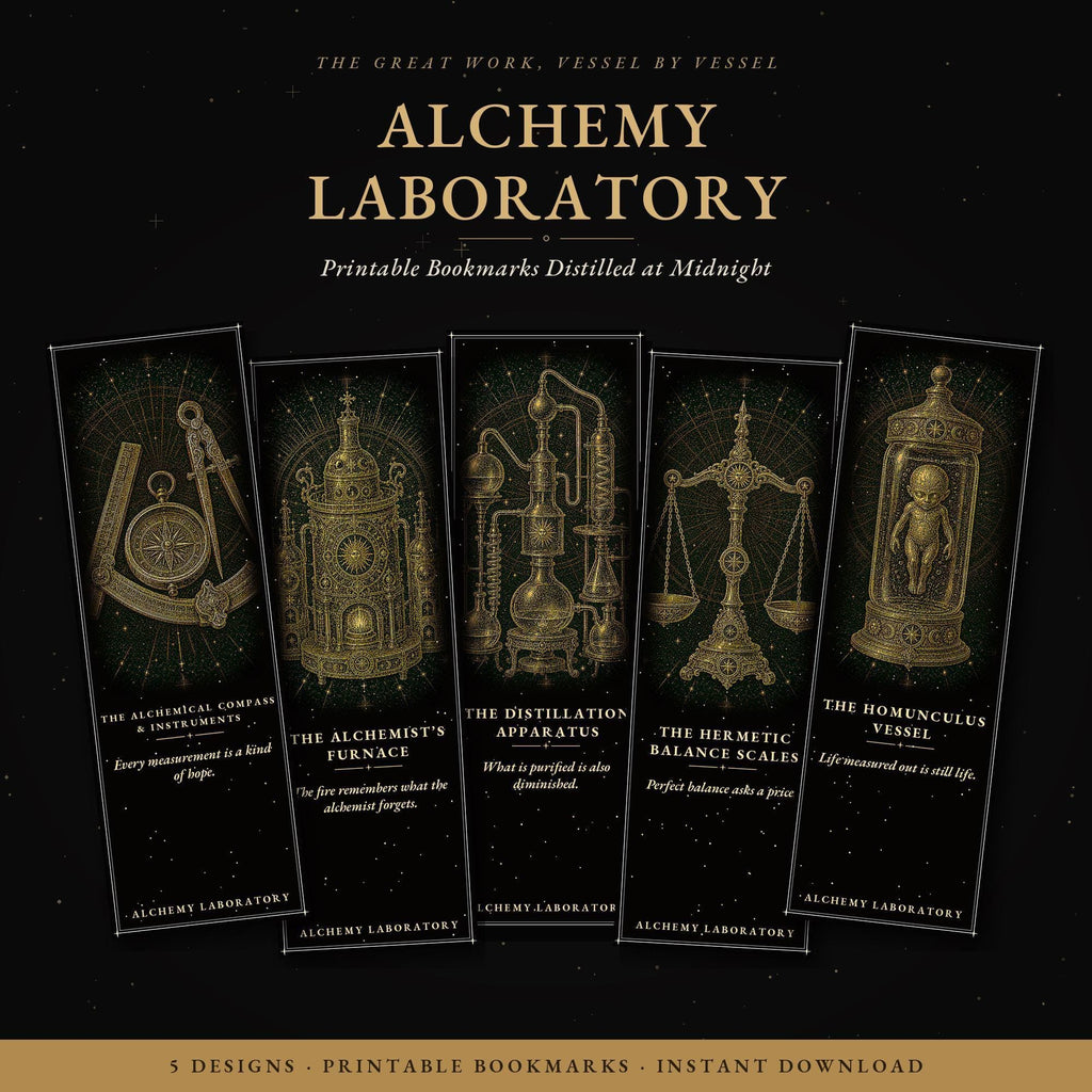 Alchemy Laboratory Bookmark, Dark Academia Gold Line Art | Page Marker | Hand-Finished Black Stock