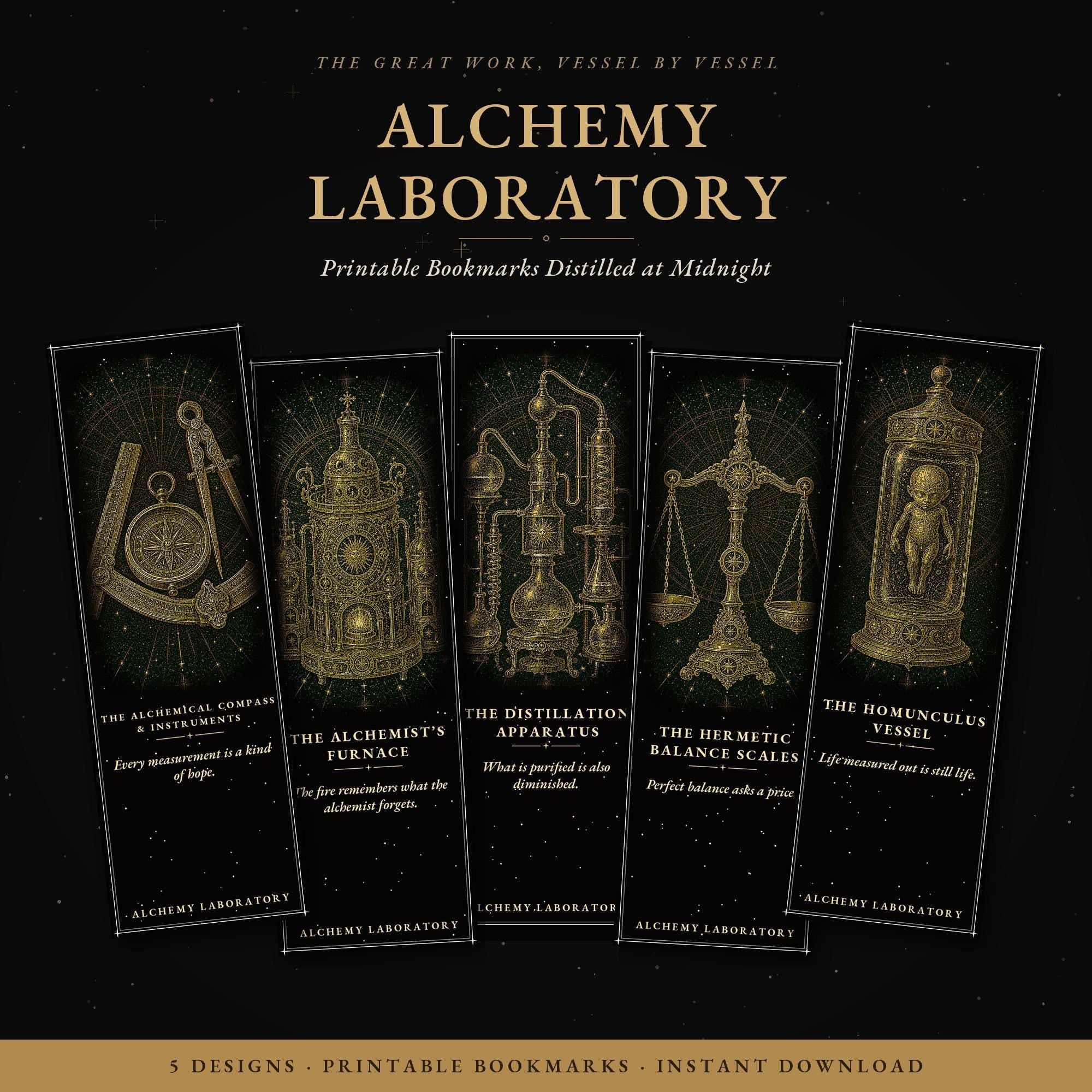 Alchemy Laboratory Bookmark, Dark Academia Gold Line Art | Page Marker | Hand-Finished Black Stock