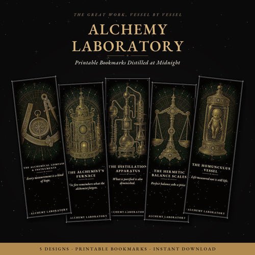 Alchemy Laboratory Bookmark, Dark Academia Gold Line Art | Page Marker | Hand-Finished Black Stock
