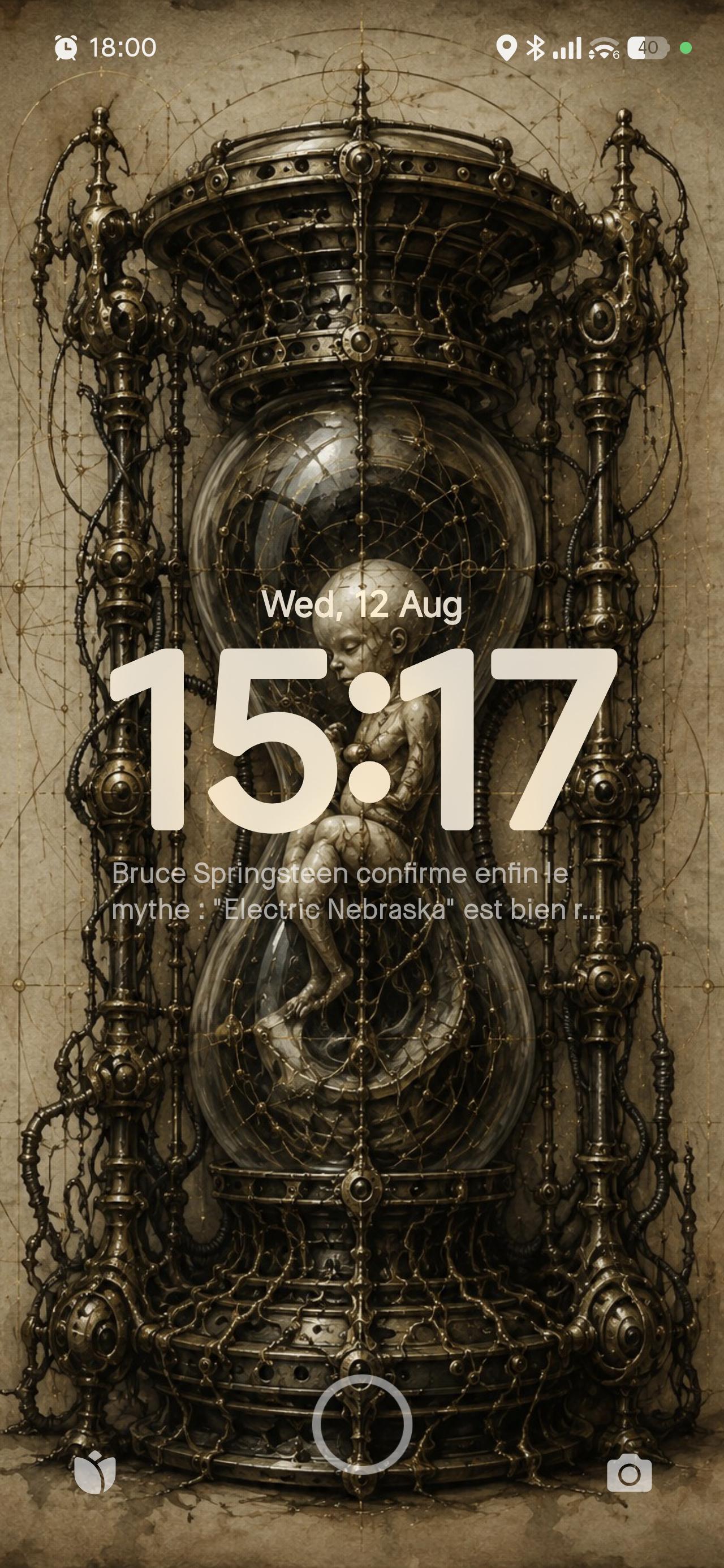 Biomechanical Baby in Hourglass, Dark Academia Lock Screen | Surreal Anatomy Wallpaper | Gothic Brass Machinery | Parchment Background