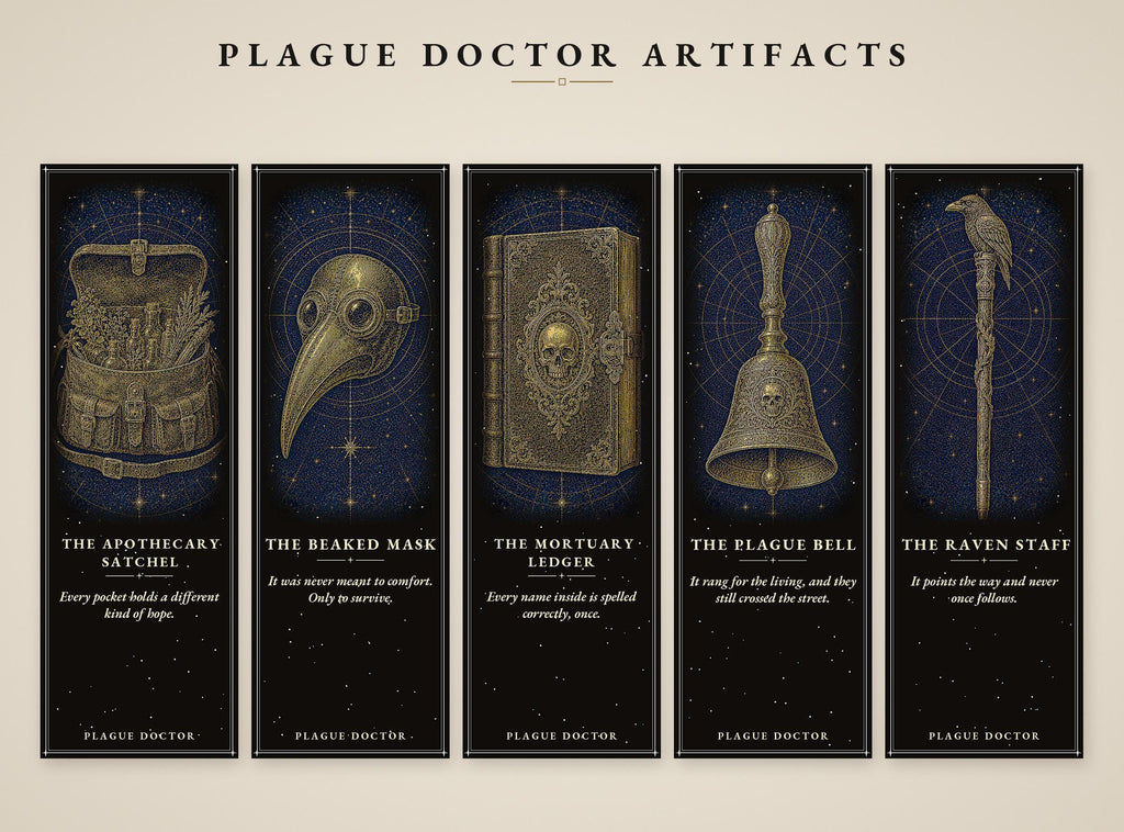 Plague Doctor Artifacts Bookmark, Beaked Mask Design | Dark Academia Page Marker | Gold on Black | Macabre Gift