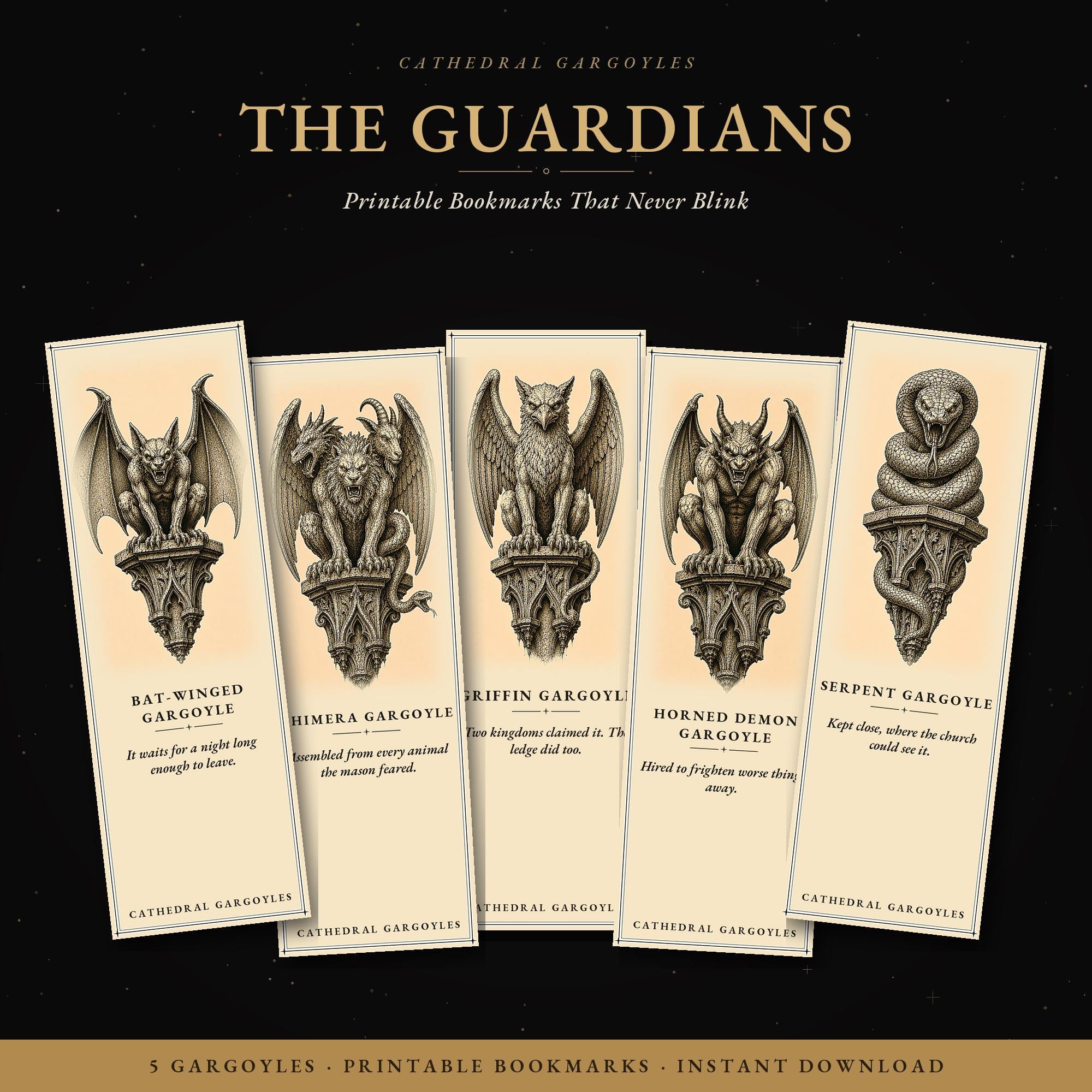 Cathedral Gargoyles The Guardians Printable Bookmarks | Dark Academia Gothic Bookmark Set | Digital Download Print & Cut