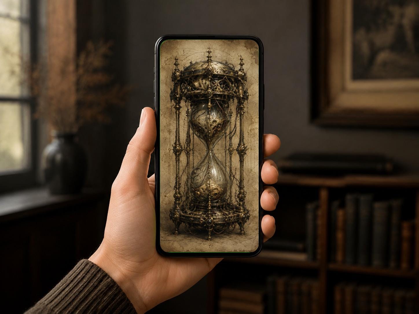 Hourglass II Biomechanical Wallpaper | Dark Academia Lock Screen | Surreal Anatomy | Gothic Brass Machinery Art
