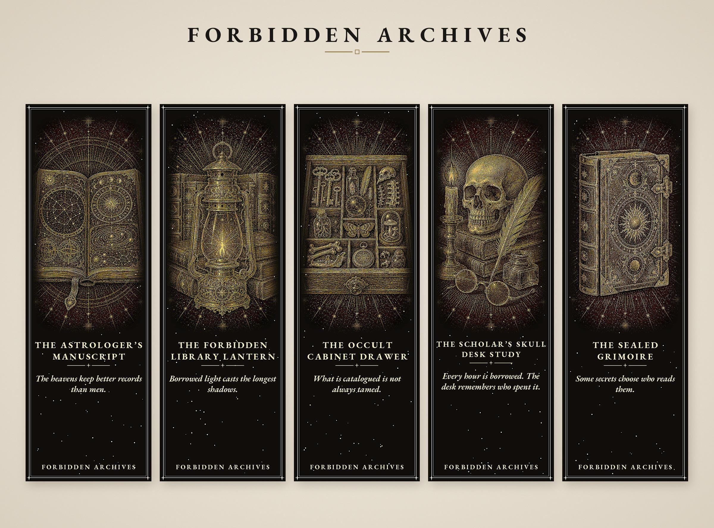 Forbidden Archives Bookmark, Dark Academia Gold Linework | Magnetic Page Marker | Occult Library Designs, Literary Gift