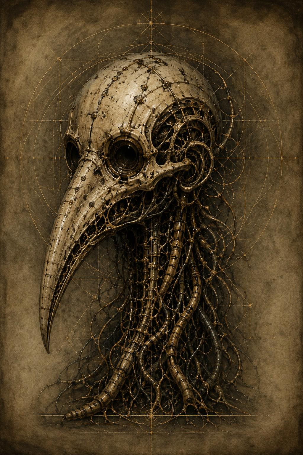Bird Skull, Biomechanical Specimen | Dark Academia Surreal Wallpaper | Gothic Sci-Fi Lock Screen | Brass Bone Fusion Art