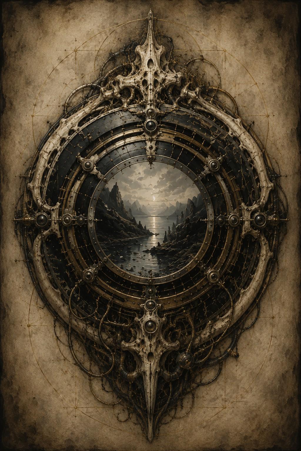 Biomechanical Mirror Picture Frame, Dark Academia Wallpaper | Gothic Sci-Fi Lock Screen, Bone Machinery, Instant Download