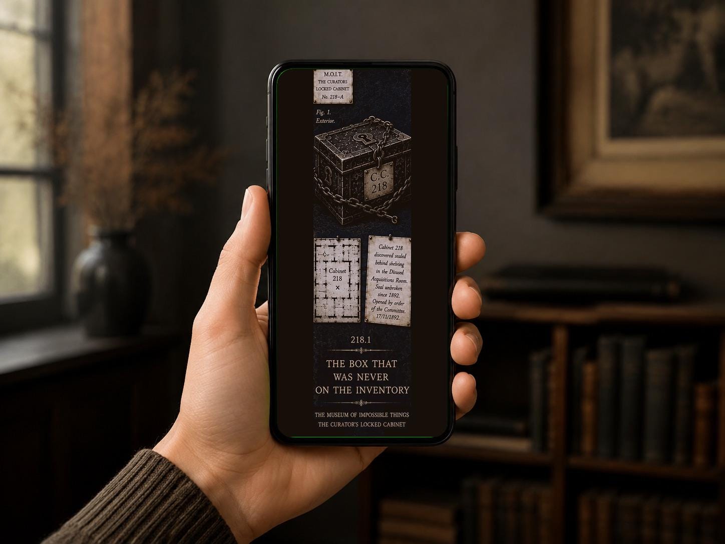 Curator's Locked Cabinet Phone Wallpaper | Dark Academia Lock Screen, Mystery Specimens Bundle