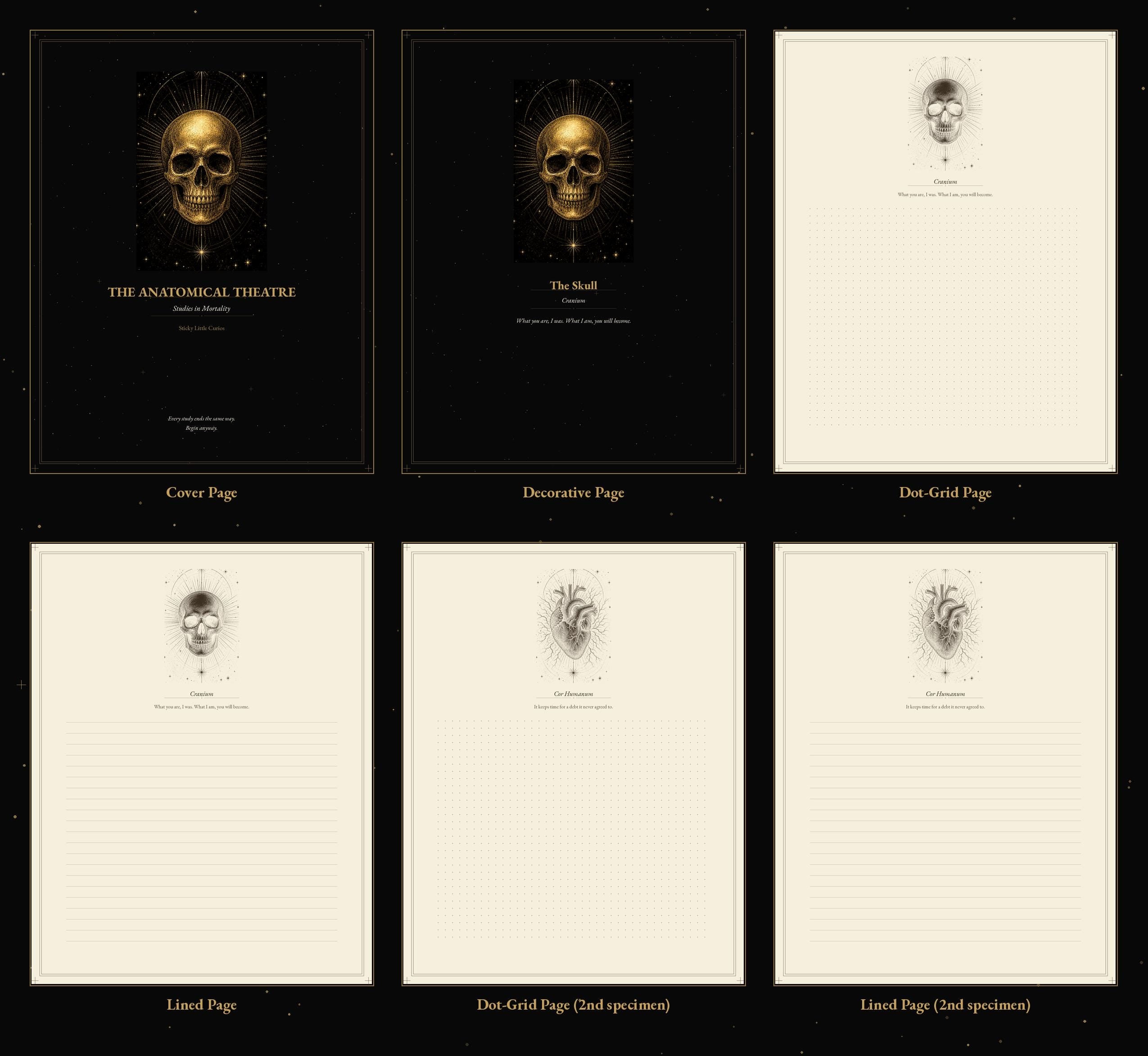 The Anatomical Theatre Printable Journal Pages | Dark Academia Dot Grid & Lined Paper | Memento Mori Notebook Inserts