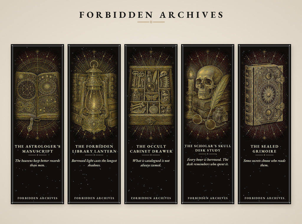 Forbidden Archives Printable Bookmarks, Dark Academia Gothic | Occult Library Designs | Instant Digital Download | Scholars Skull