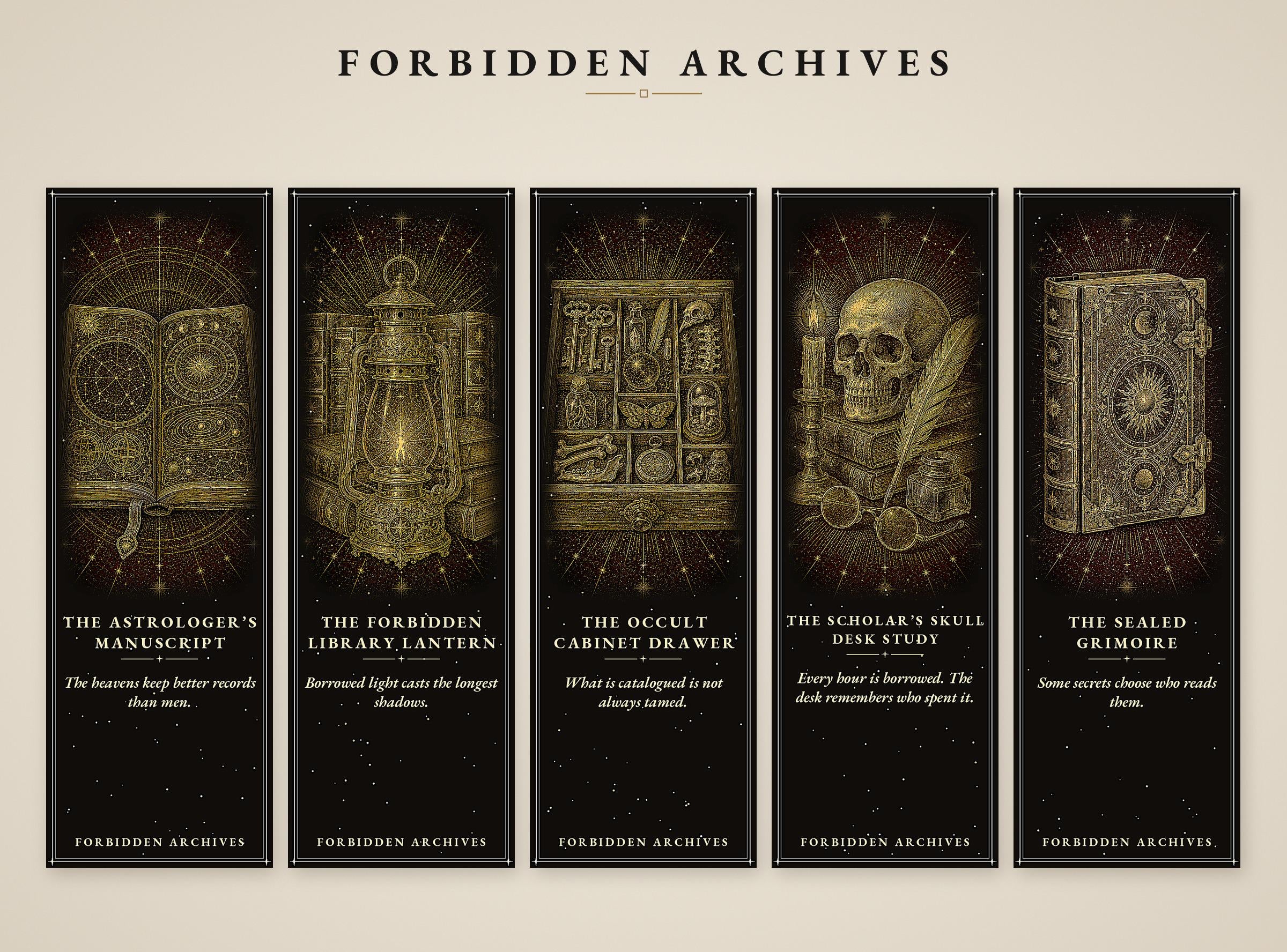 Forbidden Archives Printable Bookmarks, Dark Academia Gothic | Occult Library Designs | Instant Digital Download | Scholars Skull