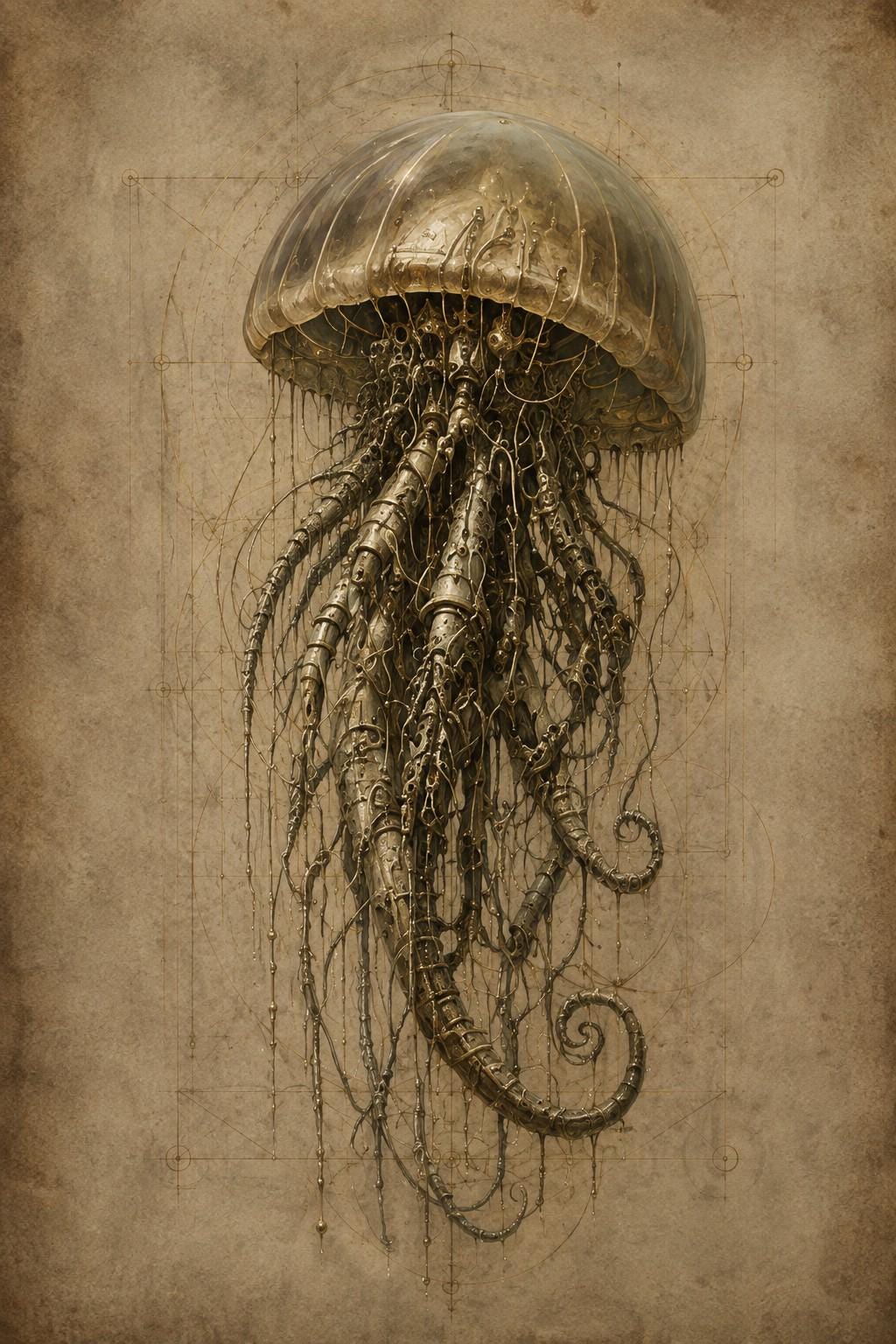 Jellyfish, Biomechanical Specimen | Dark Academia Lock Screen | Gothic Sci-Fi Wallpaper | Anatomy Art Download