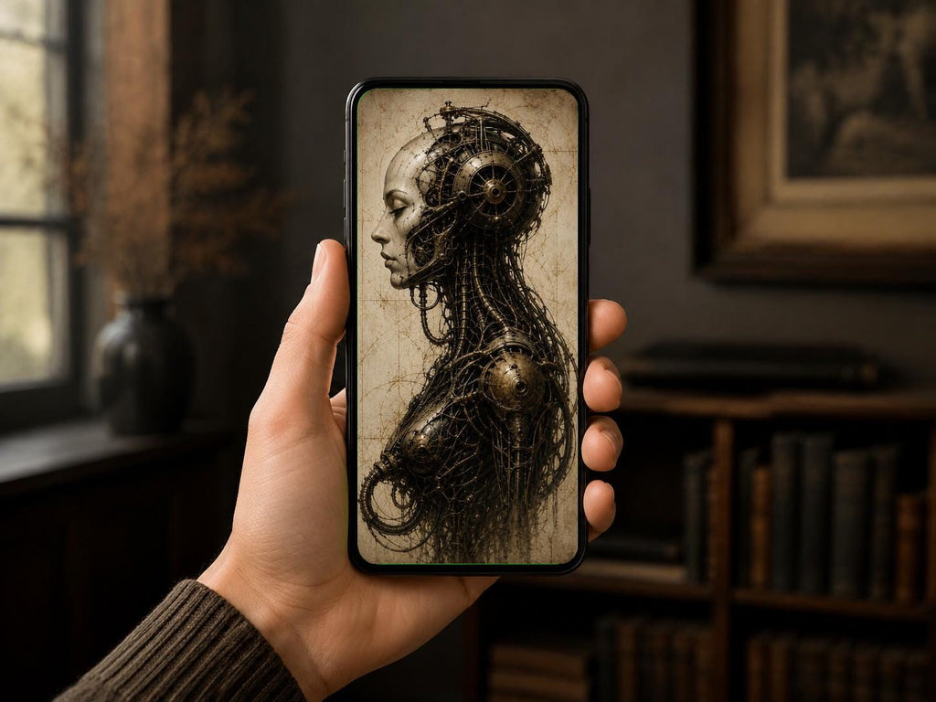 Woman Cyborg: Biomechanical Dark Academia | Surreal Anatomy Lock Screen | Gothic Sci-Fi Phone Wallpaper | Brass Machinery | Instant Download