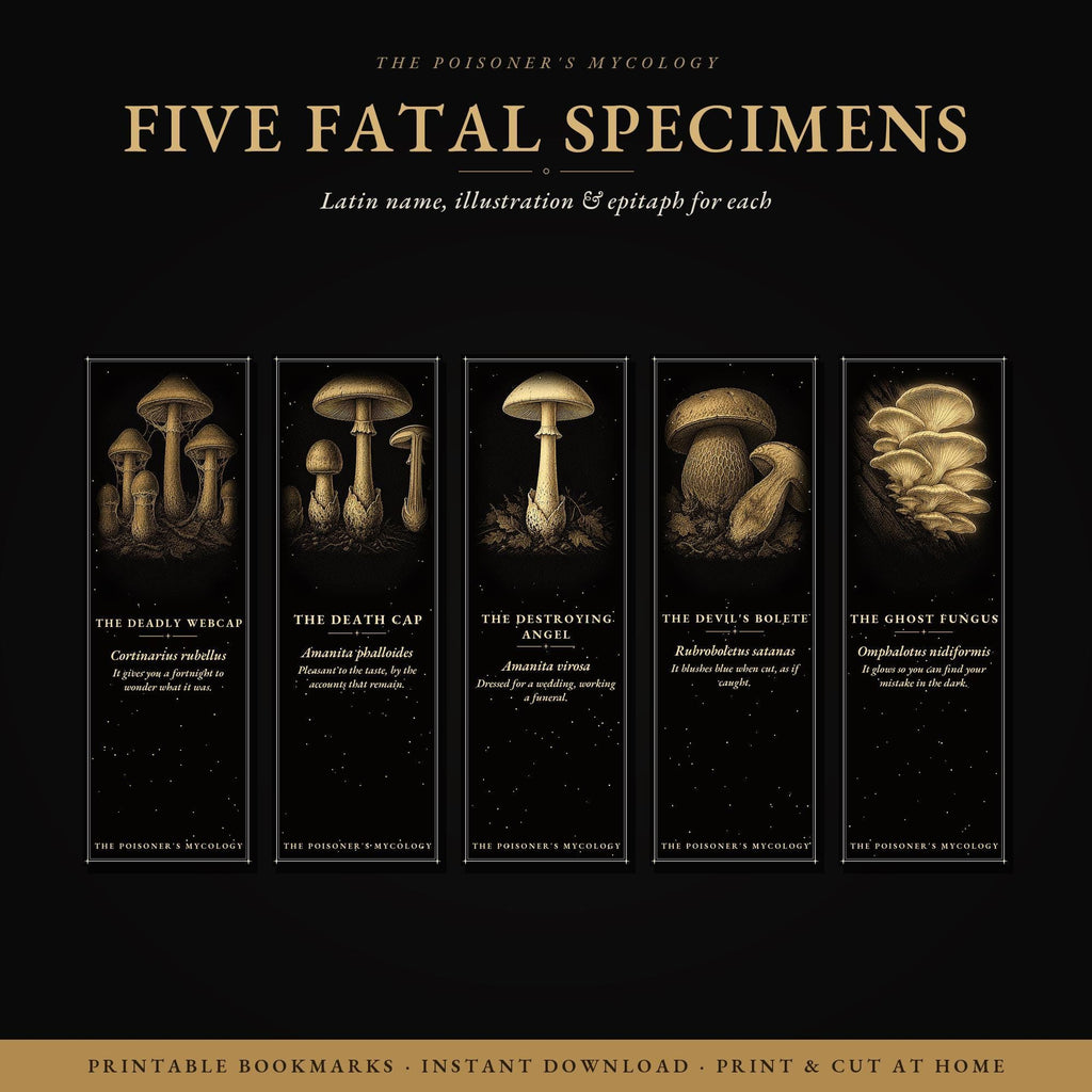 The Poisoner's Mycology Bookmark, Dark Academia Fungi | Gold Illustration | Magnetic Or Standard Page Marker