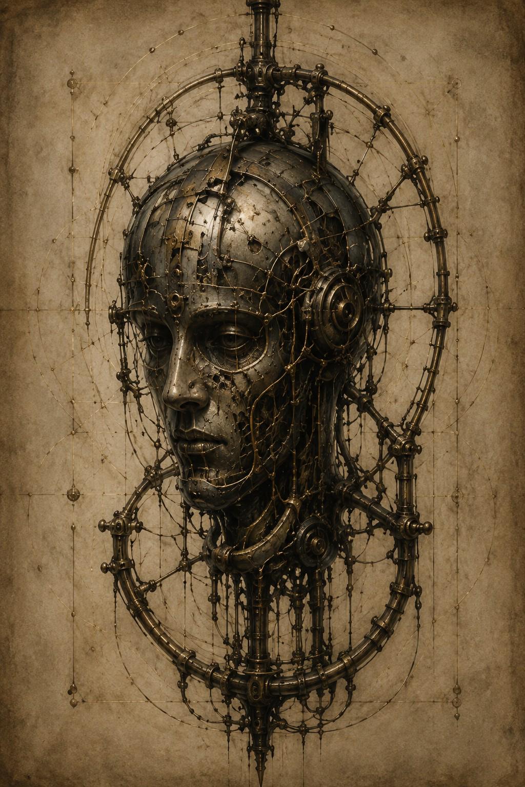 Cyborg Halo, Biomechanical Anatomy | Dark Academia Surreal | Phone Wallpaper Lock Screen | Gothic Sci-Fi Digital Download