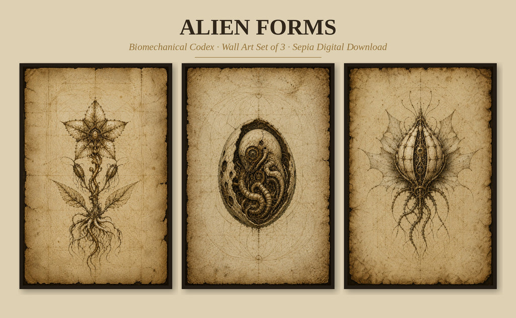 Alien Forms, Biomechanical Codex Wall Art | Dark Academia Gothic Print Set | Sepia Digital Download
