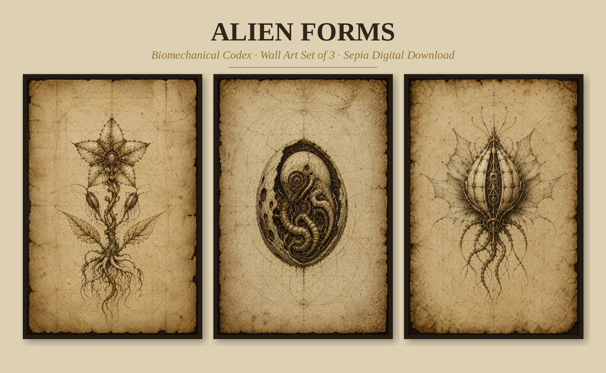 Alien Forms, Biomechanical Codex Wall Art | Dark Academia Gothic Print Set | Sepia Digital Download