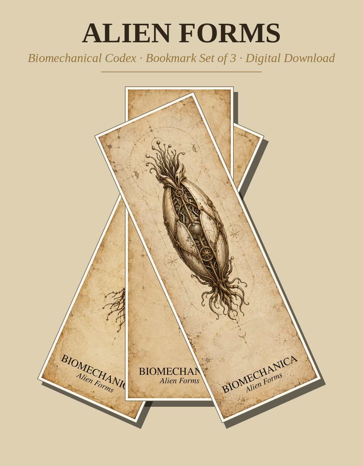 Alien Forms Printable Bookmarks | Biomechanical Codex Dark Academia | Digital Download | Book Lover Gift